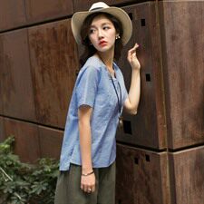 棉麻圆领2024年夏季纯色短袖T恤舒适修身纯色气质，女装T恤，风姿绰