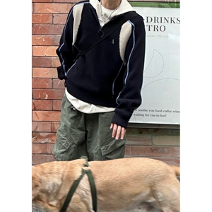半拉链毛衣男秋冬小众设计感拼接潮牌美式复古上衣痞帅外套MY055图片