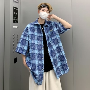 磨毛格子衬衫男款短袖高级感夏季潮衬衫W1375P40图片