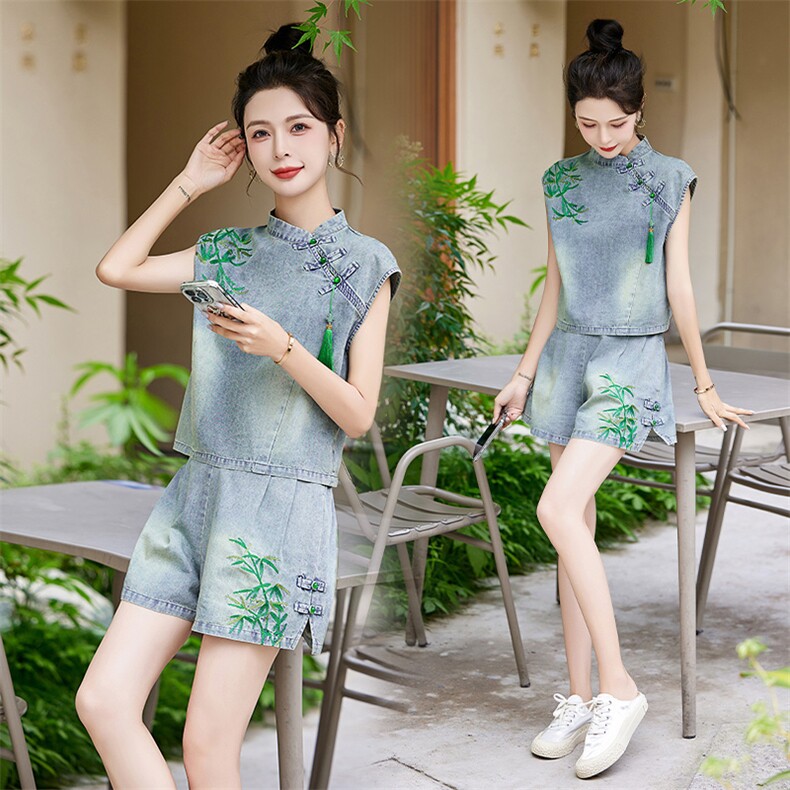 欧货高级时髦牛仔套装裤潮2025夏新款女流行洋气减龄复古短裤，女装套装/套裙，关键词