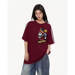 抖音得物高品质二开240克宽松纯棉美式潮牌三条杠织带短袖T恤图片