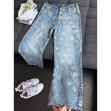 V8801-P43设计感提花阔腿牛仔裤女2025春季新款高腰显瘦宽松，男装牛仔裤，电商B323A
