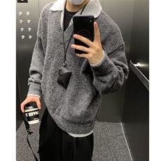 濮院毛衣备货1万假两件V领针织polo衫氛围感老钱风毛衣LF113P65特，男装针织衫/毛衣，电商D256-2(原A064-2)
