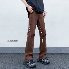 B221美式ins高街暗黑喷墨休闲破洞微喇牛仔裤LK23088-P65控88，男装牛仔裤，电商B221