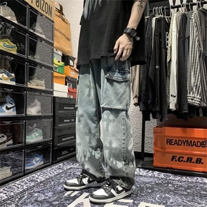 夏季潮长裤水洗做旧时尚宽松直筒青春流行多简约高腰牛仔裤K3309图片