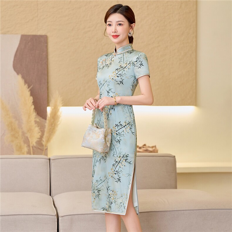 杭州品质真丝中长裙考试专用节节高女春夏日常修身潮流真丝旗袍,女装汉服/婚纱/旗袍/礼服,小荷流