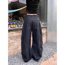 复古腊肠狗贴布刺绣牛仔裤男女宽松阔腿弯刀可爱香蕉裤N14，男装牛仔裤，星座1116A（原606A-3）