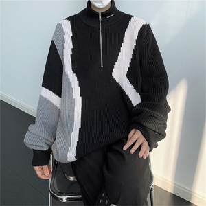 秋款男半高领毛衣拉链贴标针织衫条纹拼色鹿毛绒外套M8811P55