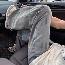 美式复古泼墨牛仔裤男夏季设计感裤子高街vibe直筒微喇LA4500-P45，男装牛仔裤，星座1008