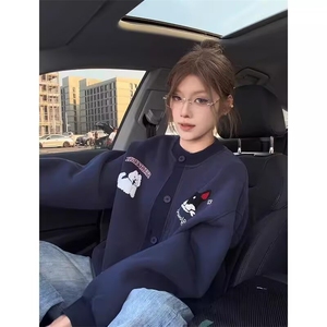 美式趣味毛巾绣慵懒卫衣开衫男女秋冬情侣棒球服潮SX1010P51图片