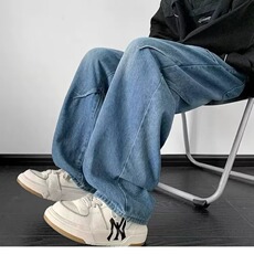 牛仔裤男夏季褶皱设计感小众宽松直筒裤潮牌痞帅炸街裤子HA17-P43，男装牛仔裤，星座208-5
