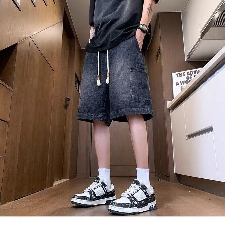 胖胖哥口袋系带牛仔短裤男夏季潮牌大码宽松阔腿裤痞帅风直筒裤子,男装牛仔裤,星座715-4