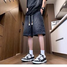 胖胖哥口袋系带牛仔短裤男夏季潮牌大码宽松阔腿裤痞帅风直筒裤子，男装牛仔裤，星座715-4