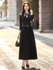 黑色长袖连衣裙2025秋季新款大方得体绝美法式气质高级感收腰长裙，女装连衣裙，艾仟回(原伊仟回)