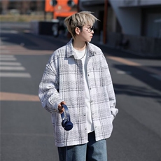 日系复古格子衬衫男休闲工装衬衣高街撞色翻领情侣外套W9299/P68，男装衬衫，星座506