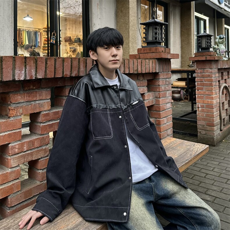 24春季翻领PU皮拼接仿麂皮绒夹克美式撞色痞帅外套Jk07-P85控118,男装夹克,星座218-5