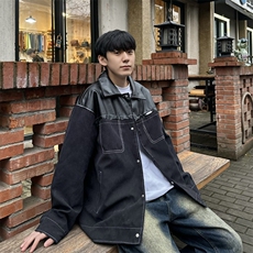 24春季翻领PU皮拼接仿麂皮绒夹克美式撞色痞帅外套Jk07-P85控118，男装夹克，星座218-5