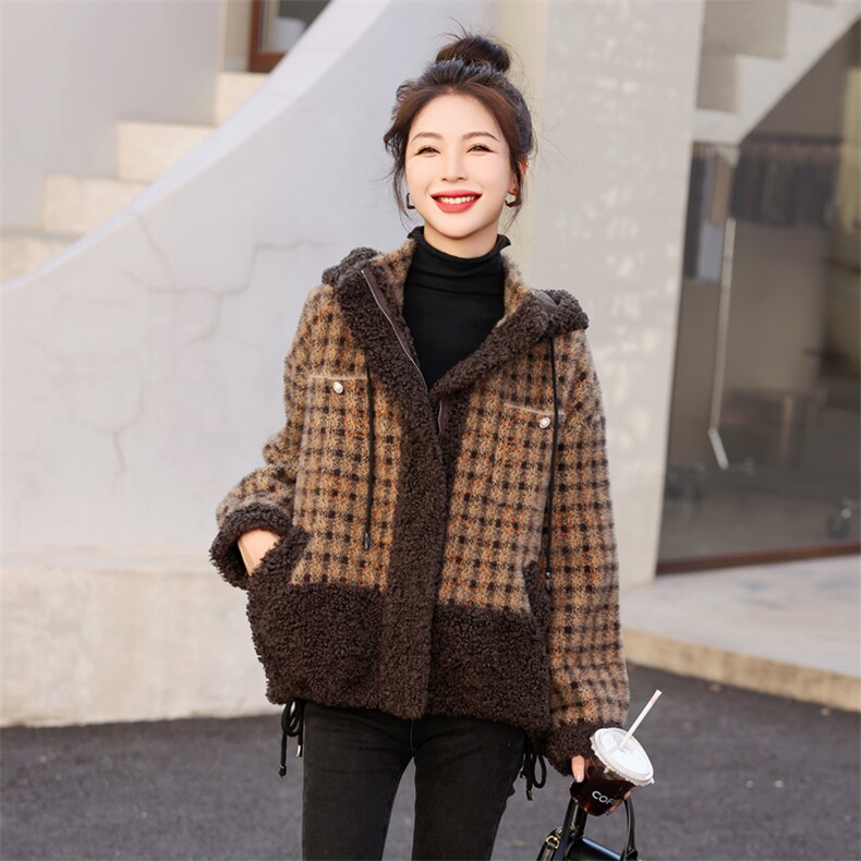 羊羔绒皮毛一体外套女冬2025新款百搭格子加厚今年流行棉衣女大衣,女装棉衣/棉服,意芙