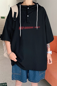 LD54071-P45 连帽短袖t恤男大码胖子带帽五分袖中袖图片