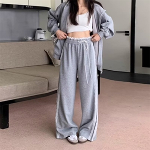 蕾丝花边拼接条纹阔腿裤女秋季新款小个子高腰直筒休闲运动裤图片