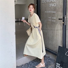 浅黄色韩系圆领系带收腰连衣裙女2025夏季新款温柔风气质显瘦长裙，女装连衣裙，2C201