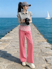 慵懒风时尚洋气套装女夏季新款蕾丝拼接短袖上衣阔腿裤两件套显瘦，女装套装/套裙，江南