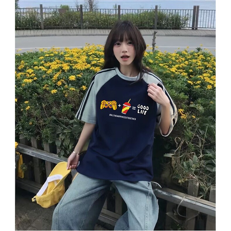 抖音得物品质二开240克宽松纯棉美式潮牌插肩三杠织带短袖T恤,男装T恤,电商A486