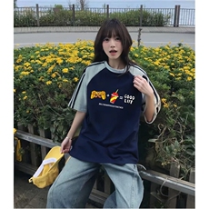 抖音得物品质二开240克宽松纯棉美式潮牌插肩三杠织带短袖T恤，男装T恤，电商A486