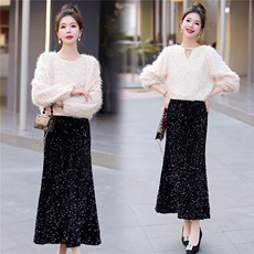 2025秋装新款简约时尚毛绒外套+珠片半身裙套装两件套，女装套装/套裙，罗腾