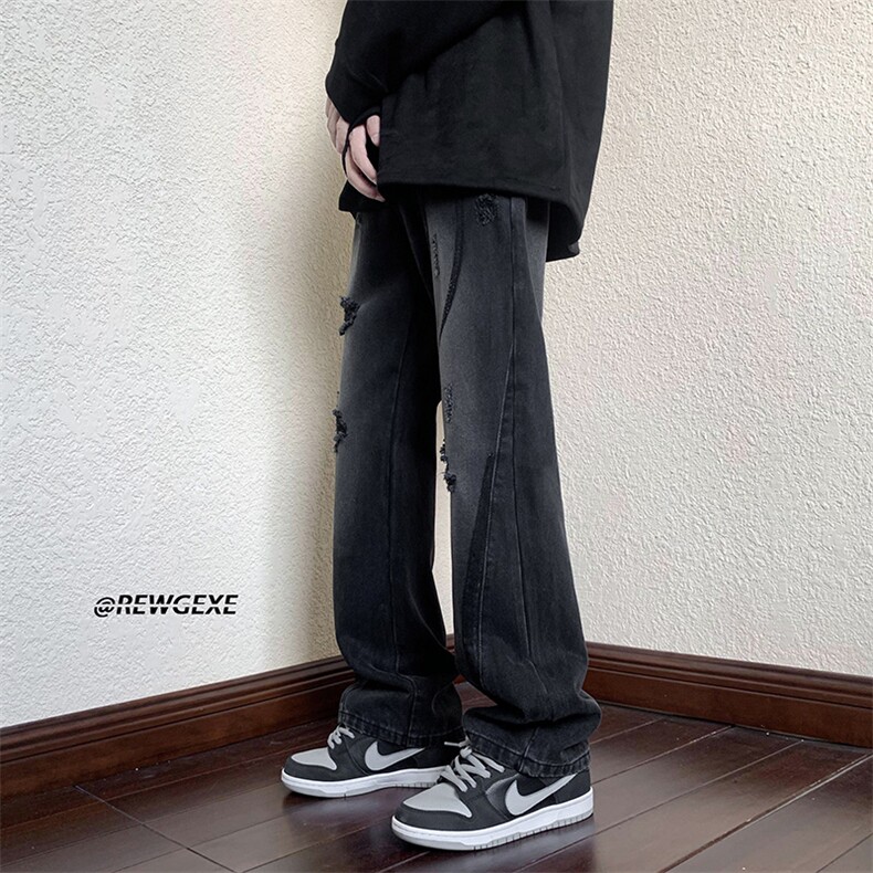 B221美式ins高街小众男女个性款微喇破洞牛仔裤LK23001-P65控88,男装牛仔裤,电商B221