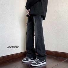 B221美式ins高街小众男女个性款微喇破洞牛仔裤LK23001-P65控88，男装牛仔裤，电商B221