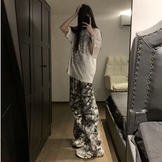 网图迷彩猫须破坏裤脚休闲裤街头直筒堆休闲长裤CX504-P52，男装休闲裤，星座1001-1