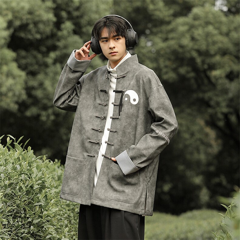 港风大码宽松新中式潮PU皮太极刺绣复古盘扣休闲唐装外套JK94，男装民族服装，星座305A（原312A-1）