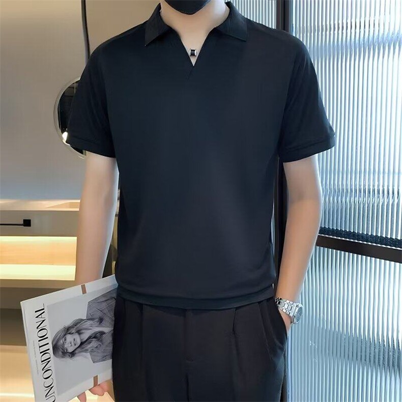 夏季潮牌痞帅冰丝V领短袖T恤新款夏装半袖上衣POLO衫PL011-P39图片