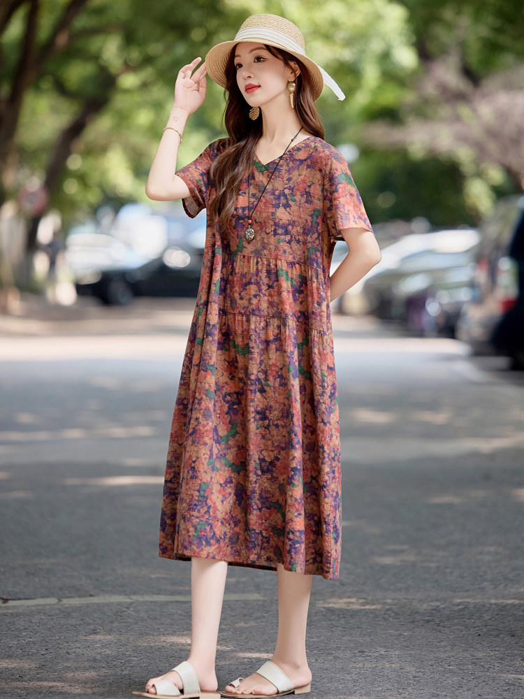 时尚休闲印花棉麻短袖连衣裙女2025夏新款简约宽松复古文艺风裙子,女装连衣裙,依万里