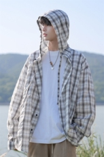 特批P35无差价夏季连帽格子宽松薄款透气舒适防晒衬衫外套男J5210，男装衬衫，电商A001