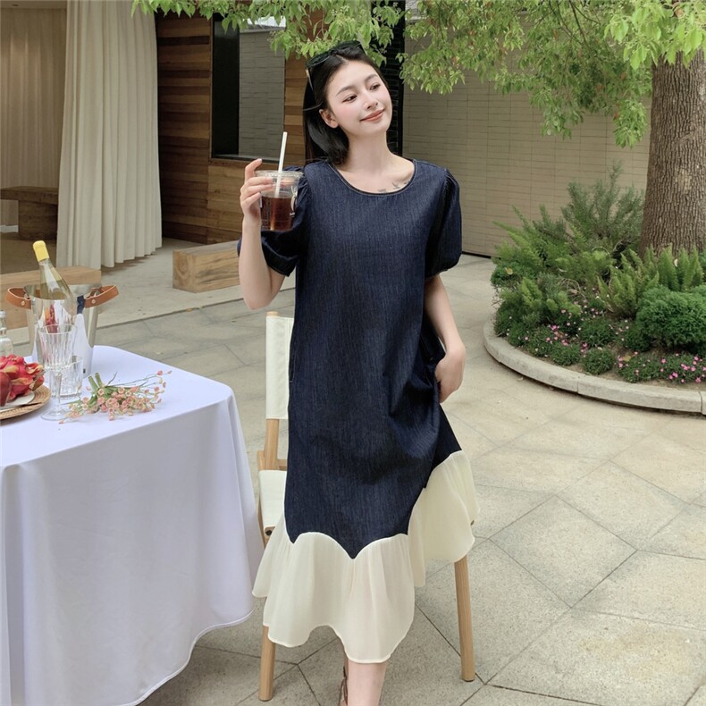 深蓝色复古圆领泡泡袖牛仔连衣裙女2025夏季新款设计感撞色A字裙,女装连衣裙,2C057