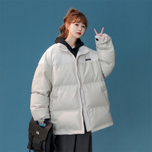1中性风褶皱波纹拼PU皮棉衣女立领棉服女外套8715P128控168图片