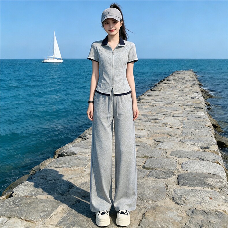 女夏新款小个子时尚休闲套装欧货纯色短袖拼接上衣高腰长裤两件套,女装套装/套裙,江南