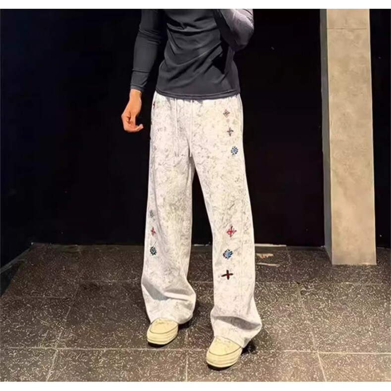 潮牌拼接扎染加绒卫裤男冬季美式设计感百搭弯刀裤重磅运动休闲裤,男装休闲裤,四季星座505