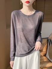 圆领新款针织女长袖纯色简约百搭宽松套头上衣，女装针织衫/毛衣，绒宛羊绒
