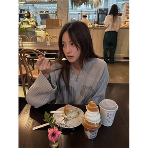 针织衫女秋冬季美式复古宽松休闲设计感黑色露肩毛衣MY271图片