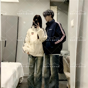 情侣美式学院风拼接条纹面包服棉服宽松加厚棉衣外套2508-P75网图图片
