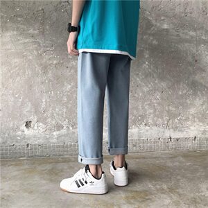 2021新款夏潮牌百搭潮流菊花印花九分修身港风直筒牛仔裤子P32图片