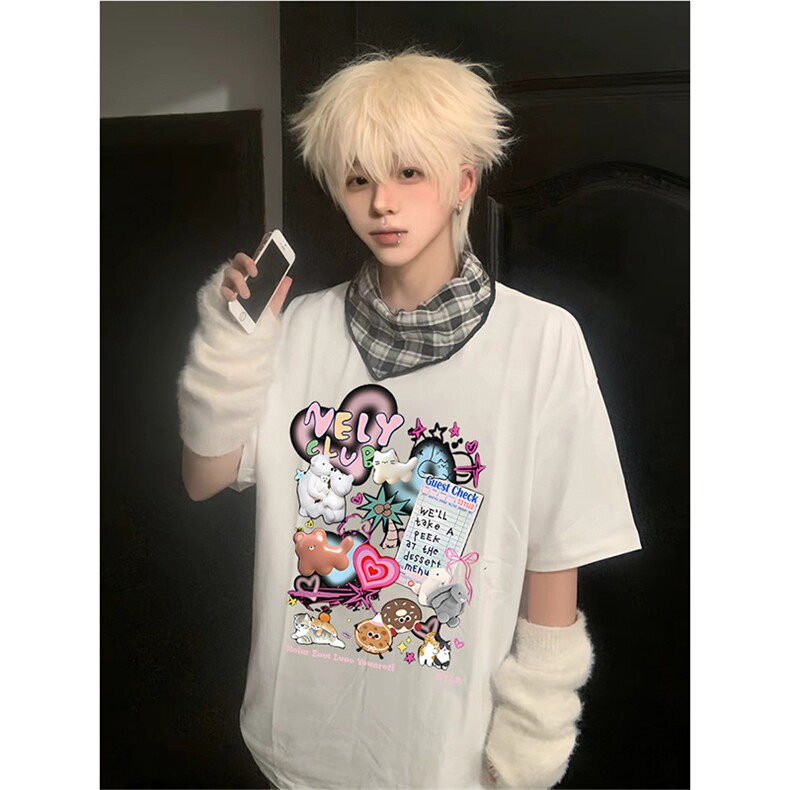 抖音得物供货210克现货宽松纯棉美式潮牌印花落肩袖纯棉T恤AT2143图片