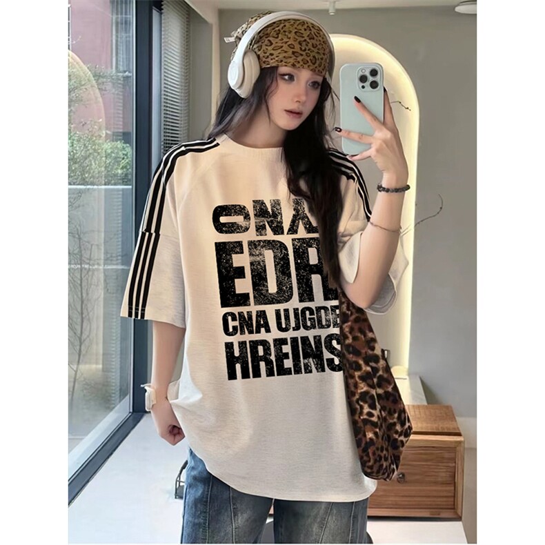 抖音得物品质二开240克宽松纯棉美式潮牌印花三条杠中性风短袖T恤,男装T恤,电商A486