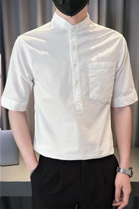 夏季男士七分袖麻料立领衬衫男休闲修身休闲衬衣A236-C666-P58图片