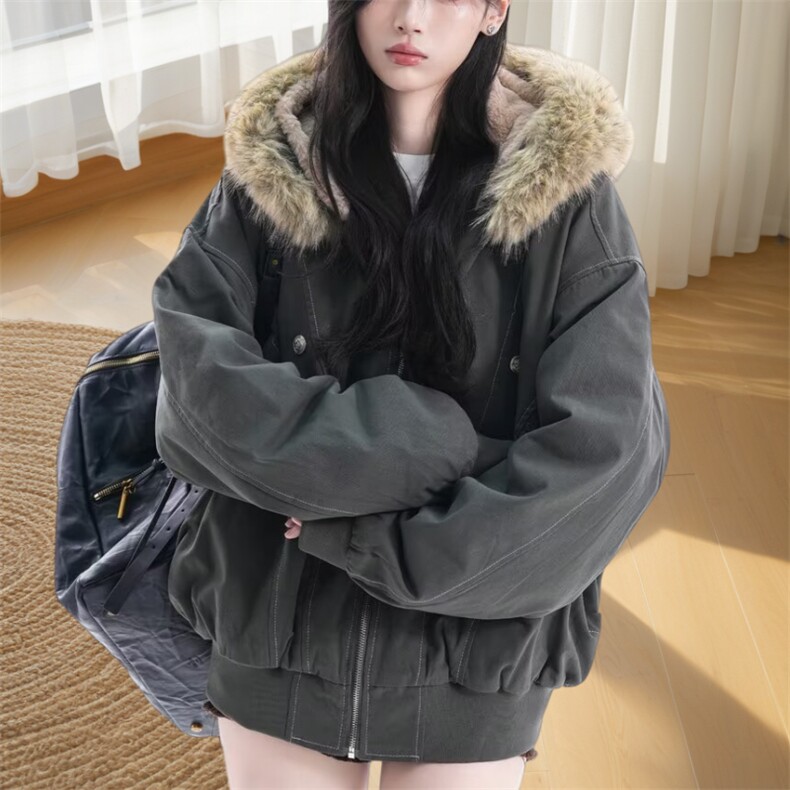 现货重磅boxy短款棉衣座山雕大毛毛领男女棉服水洗工装厚外套，男装棉衣，电商A443