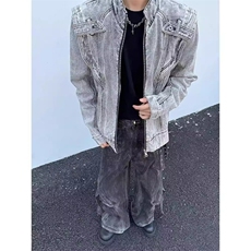 美拉德复古重磅解构机车水洗短款牛仔外套男秋季小众设计感夹克衫，男装工装外套，星座1210-1