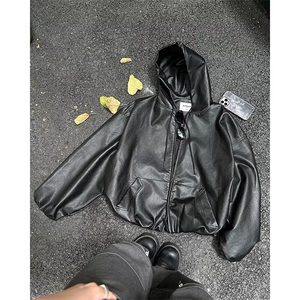 连帽皮衣外套男春秋cleanfit美式痞帅高级感廓形宽松PU皮夹克图片